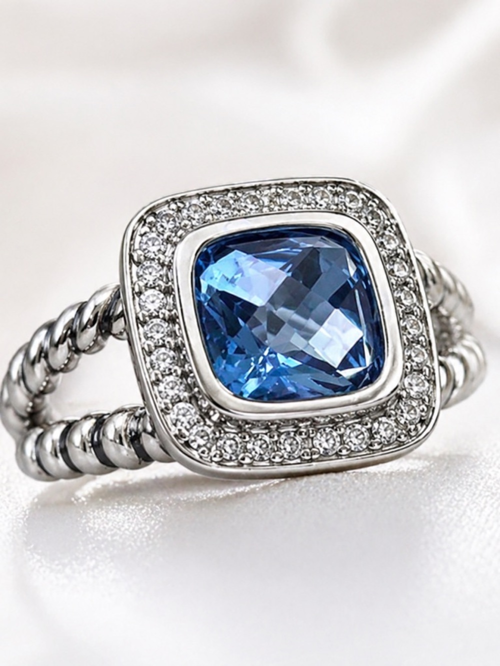 🌟Blue Cubic Zirconia Double Cable Style Blue Ice Ring Size 9.25